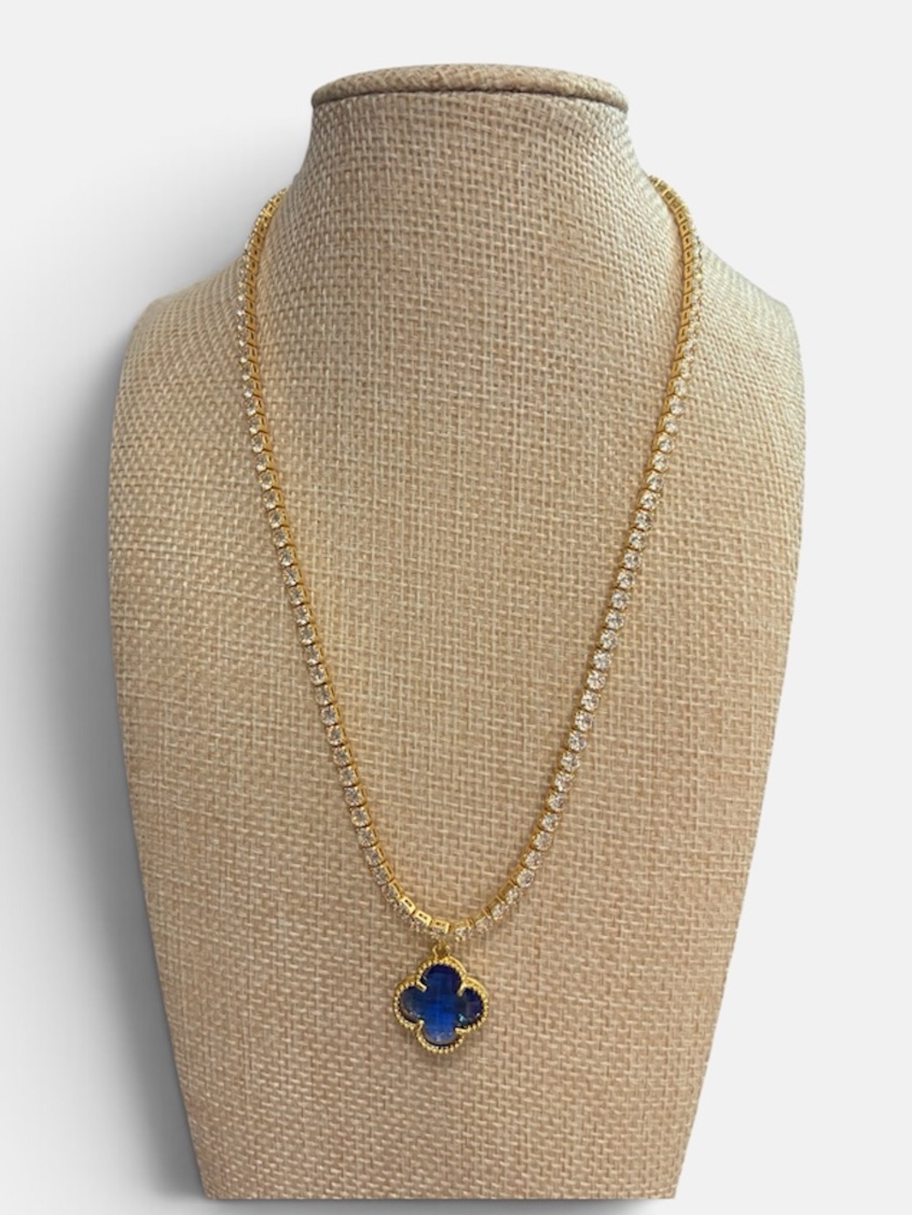 Gold Filled Chain Tennis Necklace with Blue Clover Pendant - Women Jewelry